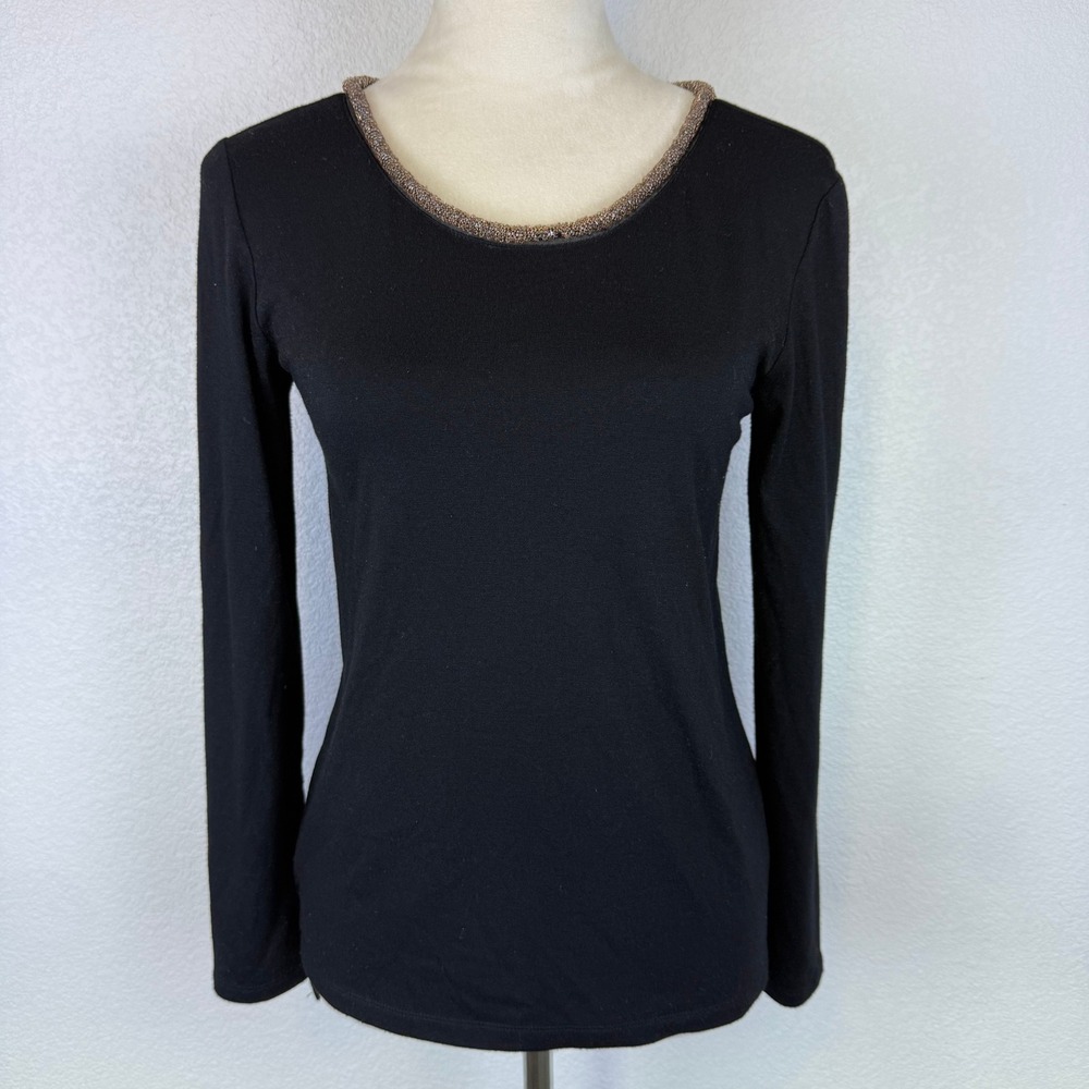HAE Women Black Beaded Neckline Long Sleeve Top Keyhole Back Tie Size Med‎